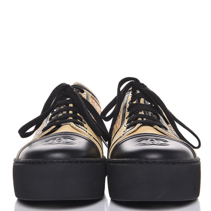 Chanel Straw Calfskin Lace Up Sneakers 39.5 Beige Black 3 of 9