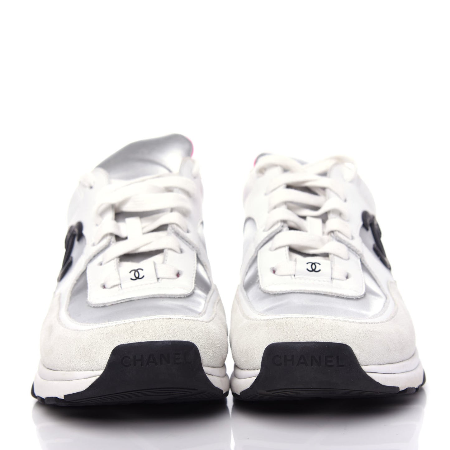 Calfskin Fabric Sneakers 38 White Silver Fluo Pink