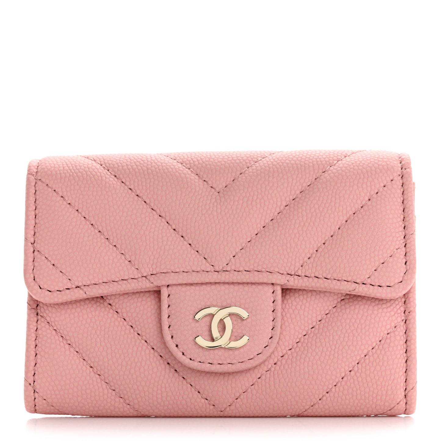 Caviar Flat Chevron Quilted Flap Card Holder Pink