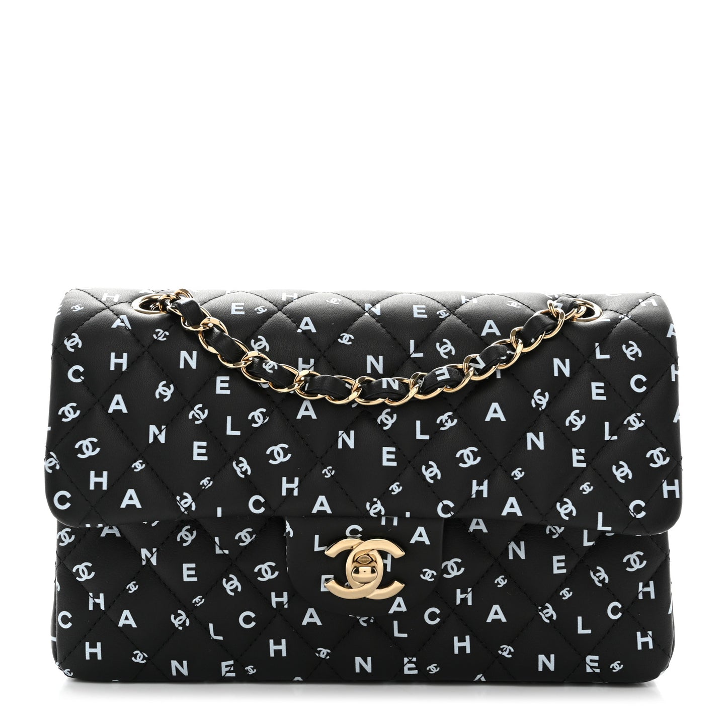 Lambskin Quilted Logo CC Printed Small Double Flap Black White