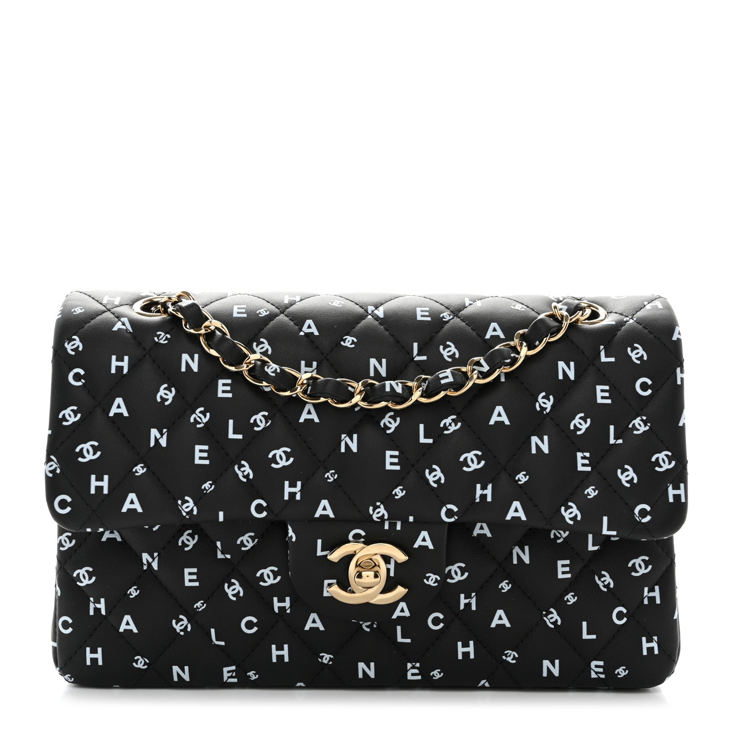 Chanel Lambskin Quilted Logo CC Printed Small Double Flap Black White 1 of 11