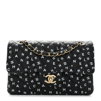 Chanel Lambskin Quilted Logo CC Printed Small Double Flap Black White 1 of 11