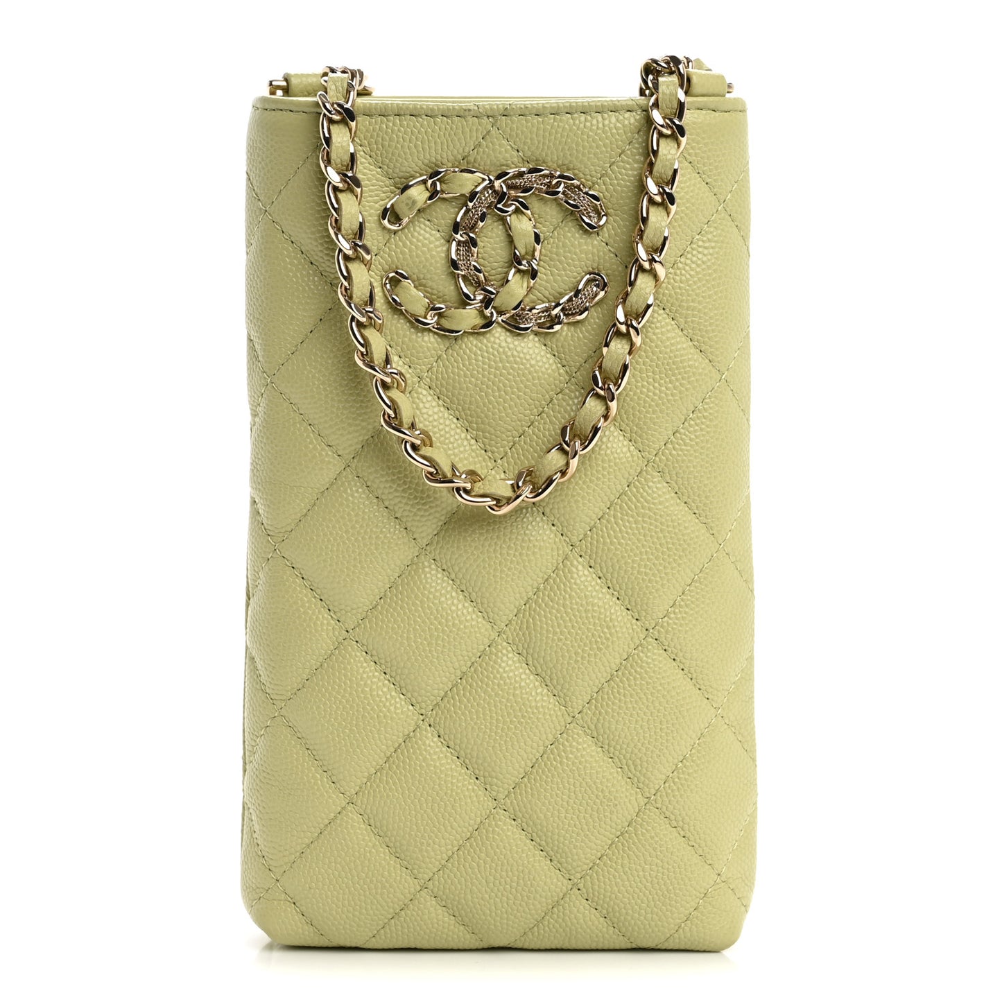 Caviar Quilted French New Wave Phone Holder With Chain Light Green