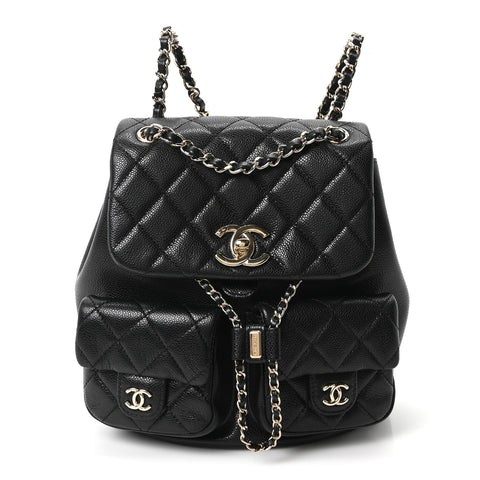 Shiny Caviar Quilted Medium Duma Pockets Drawstring Backpack Black