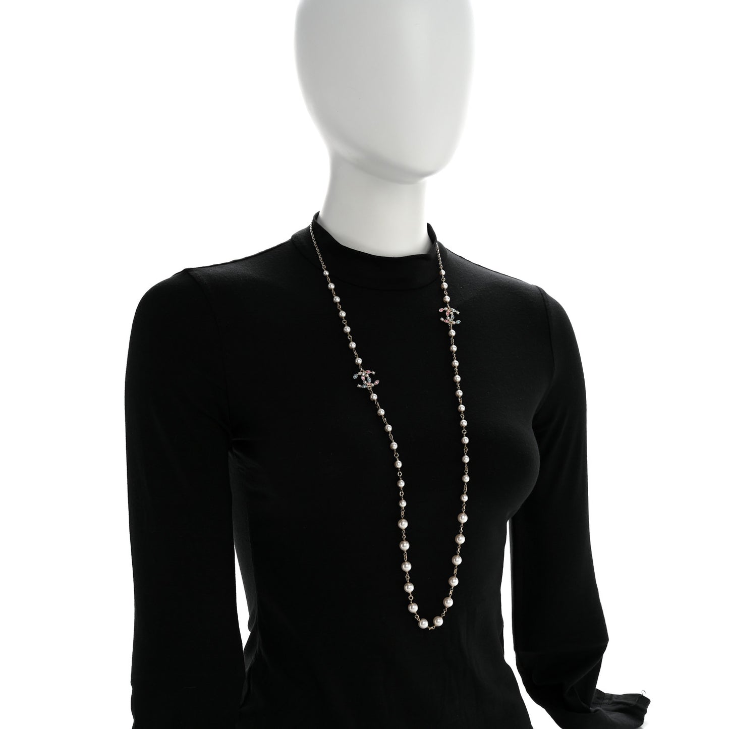 Pearl Crystal CC Long Necklace Gold Multicolor