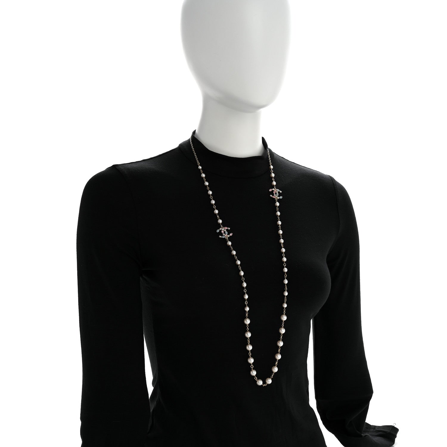 Chanel Pearl Crystal CC Long Necklace Gold Multicolor 2 of 6