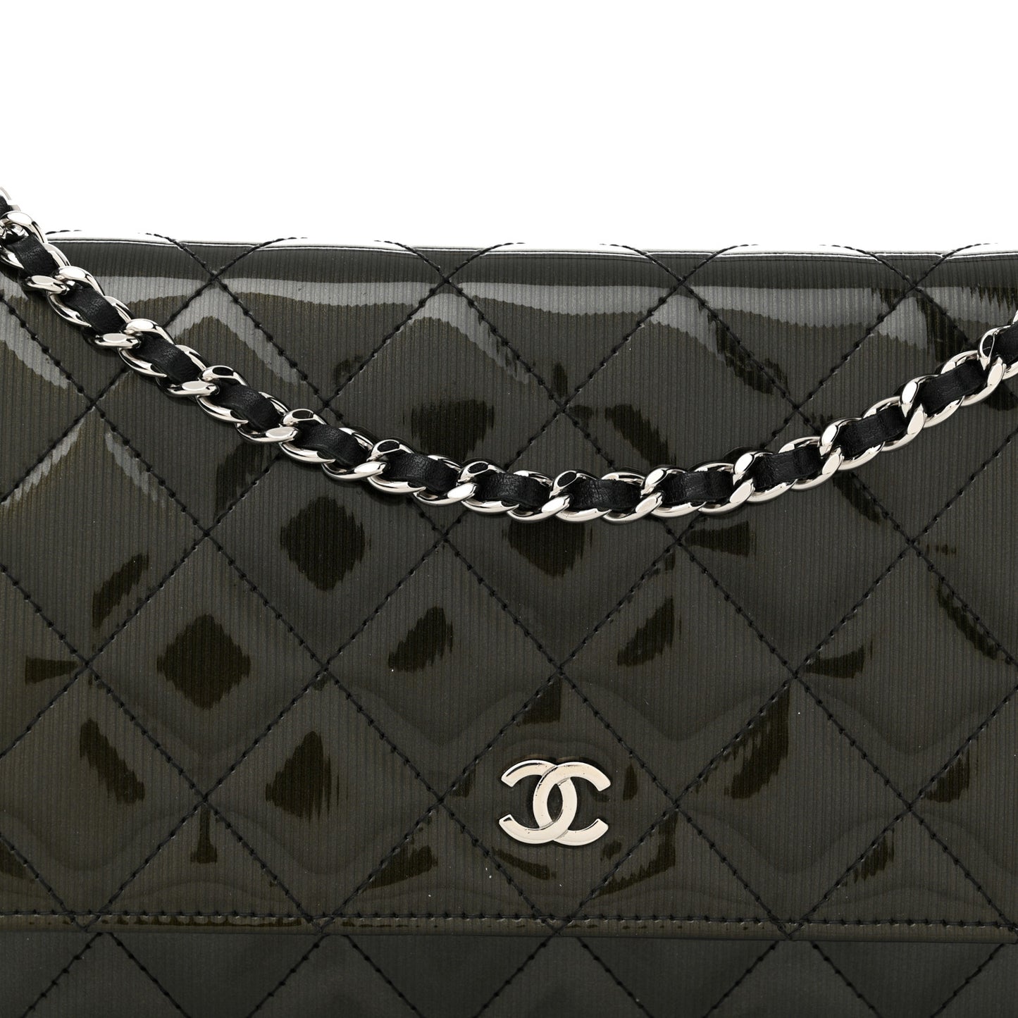 Striated Patent Quilted Wallet on Chain WOC Black