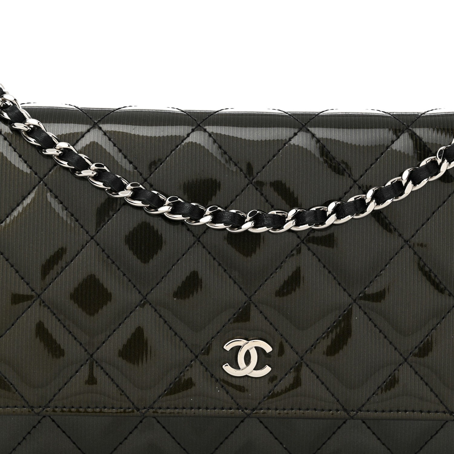 Chanel Striated Patent Quilted Wallet on Chain WOC Black 9 of 12