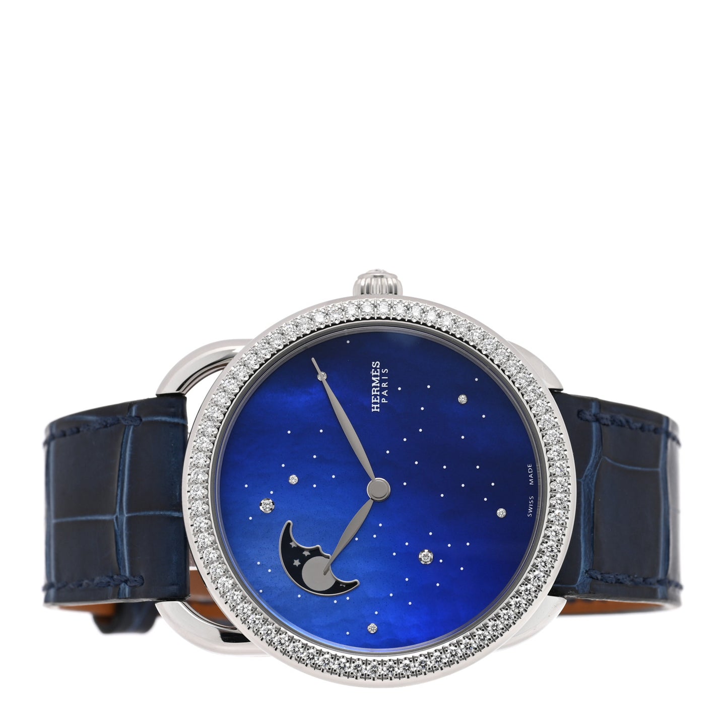 Stainless Steel Alligator Diamond Bezel Blue Mother of Pearl 38mm Arceau Petite Lune Automatic Watch Bleu Saphir