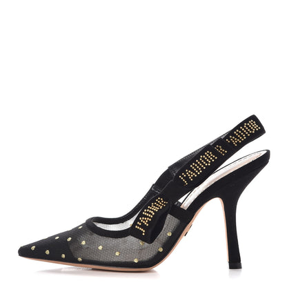 Christian Dior Mesh Plumetis Suede Dotted Studded J'Adoir Slingback 100mm Pumps 37 Black Gold 1 of 10