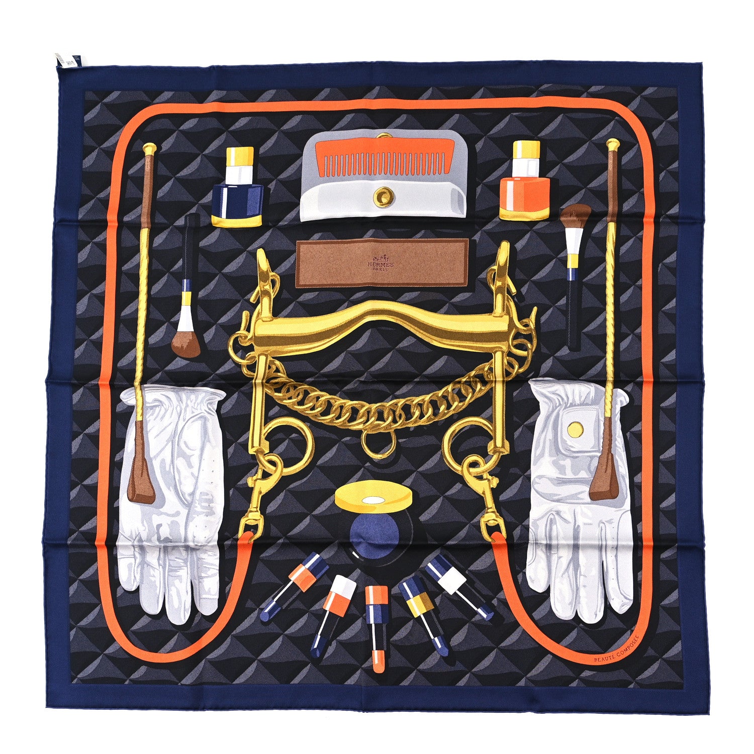 Hermes Silk Beaute Composee Scarf 90 Caban Orange Gris 1 of 3