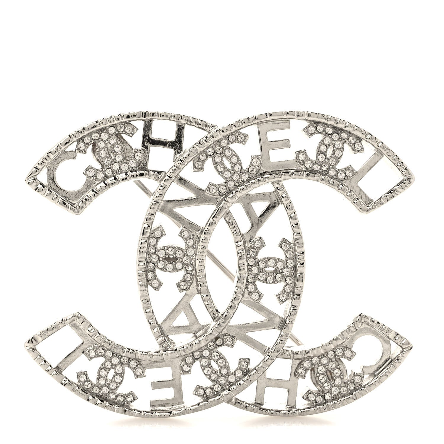 Chanel Crystal Coco CC Logo Brooch Silver 1 of 5