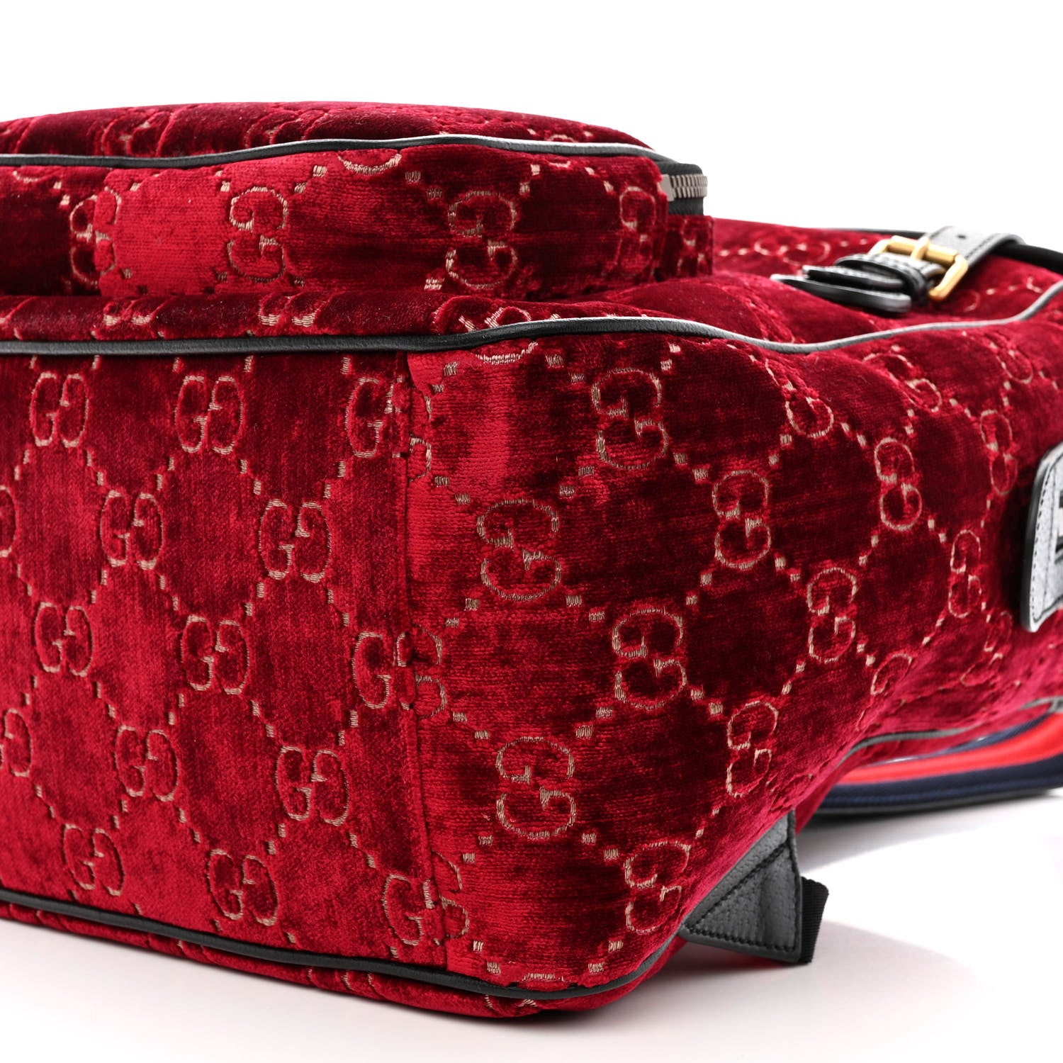 Gucci Velvet GG Monogram Textured Calfskin Web Small Double Buckle Backpack Red Cipria Black 11 of 11