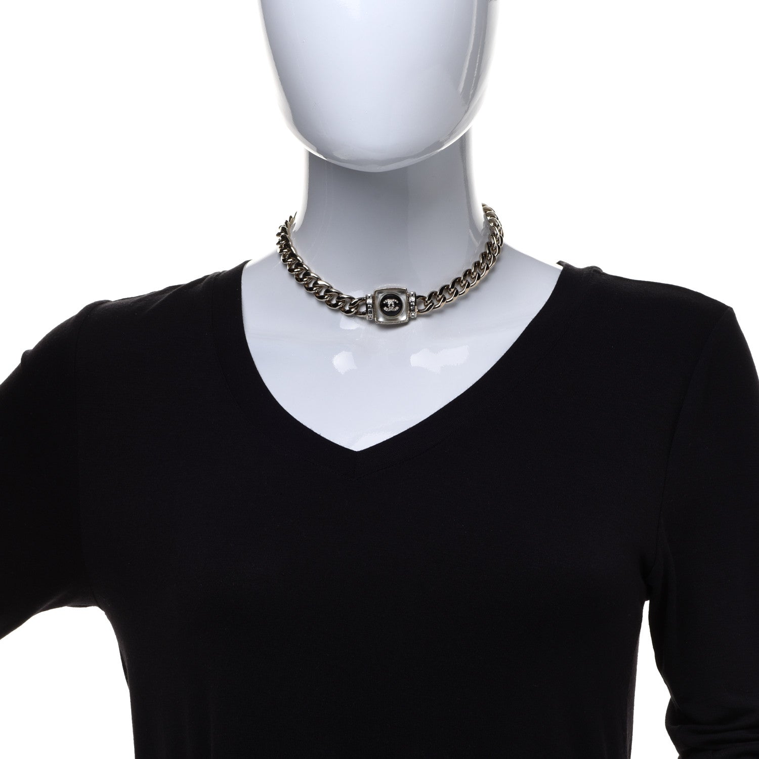 Chanel Metal Glass Pearl Strass CC Pendant Necklace Black Gold 2 of 7