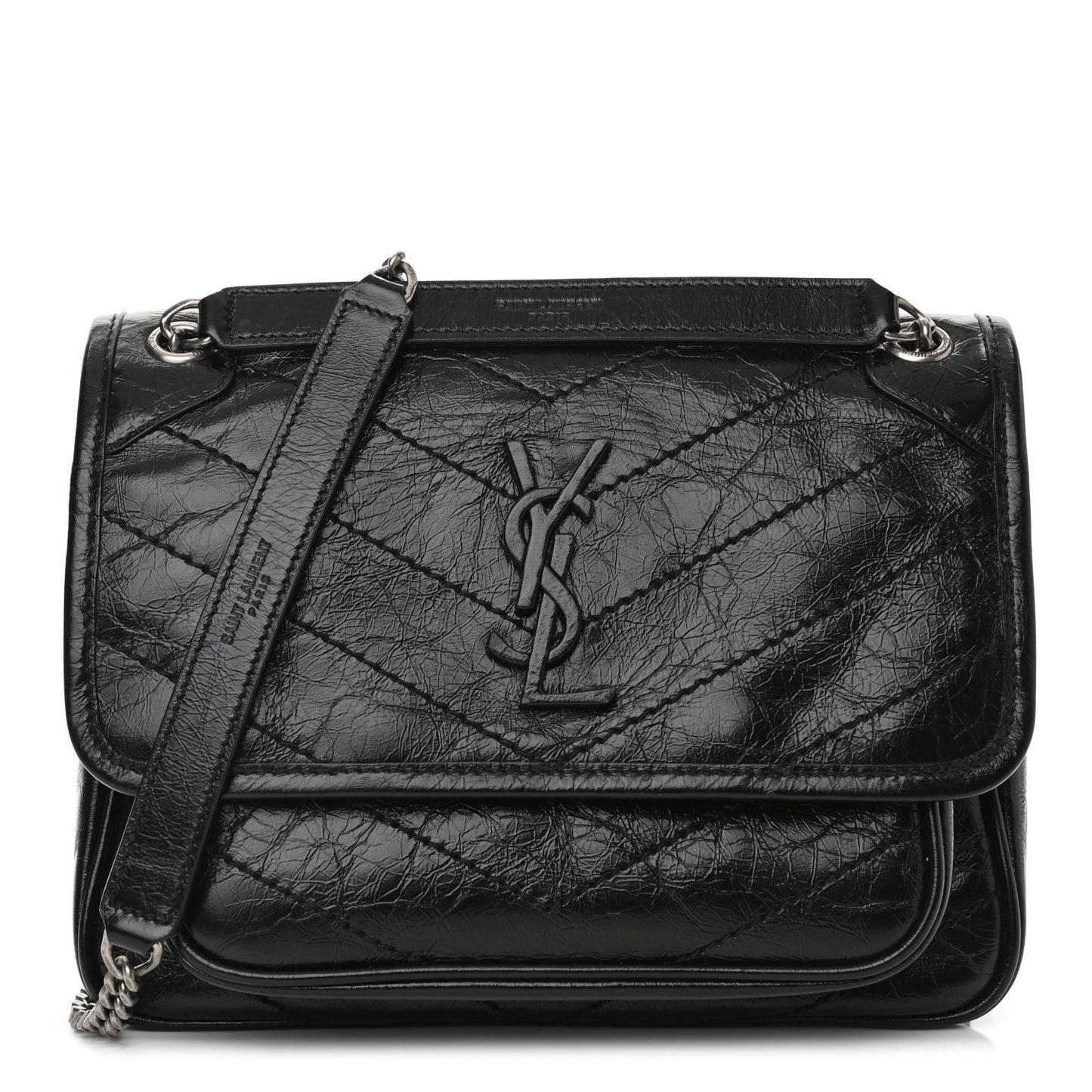 Crinkled Lambskin Matelasse Monogram Baby Niki Chain Satchel Black