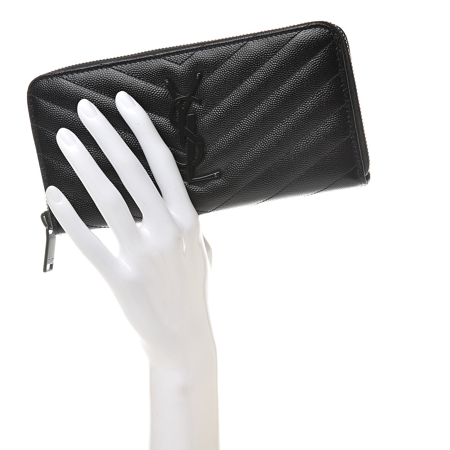 Saint Laurent Grain De Poudre Matelasse Chevron Monogram Zip Around Wallet Black 2 of 7