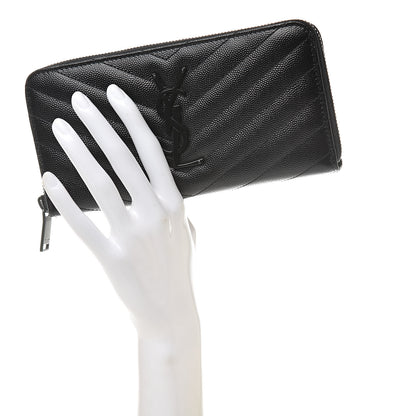Saint Laurent Grain De Poudre Matelasse Chevron Monogram Zip Around Wallet Black 2 of 7