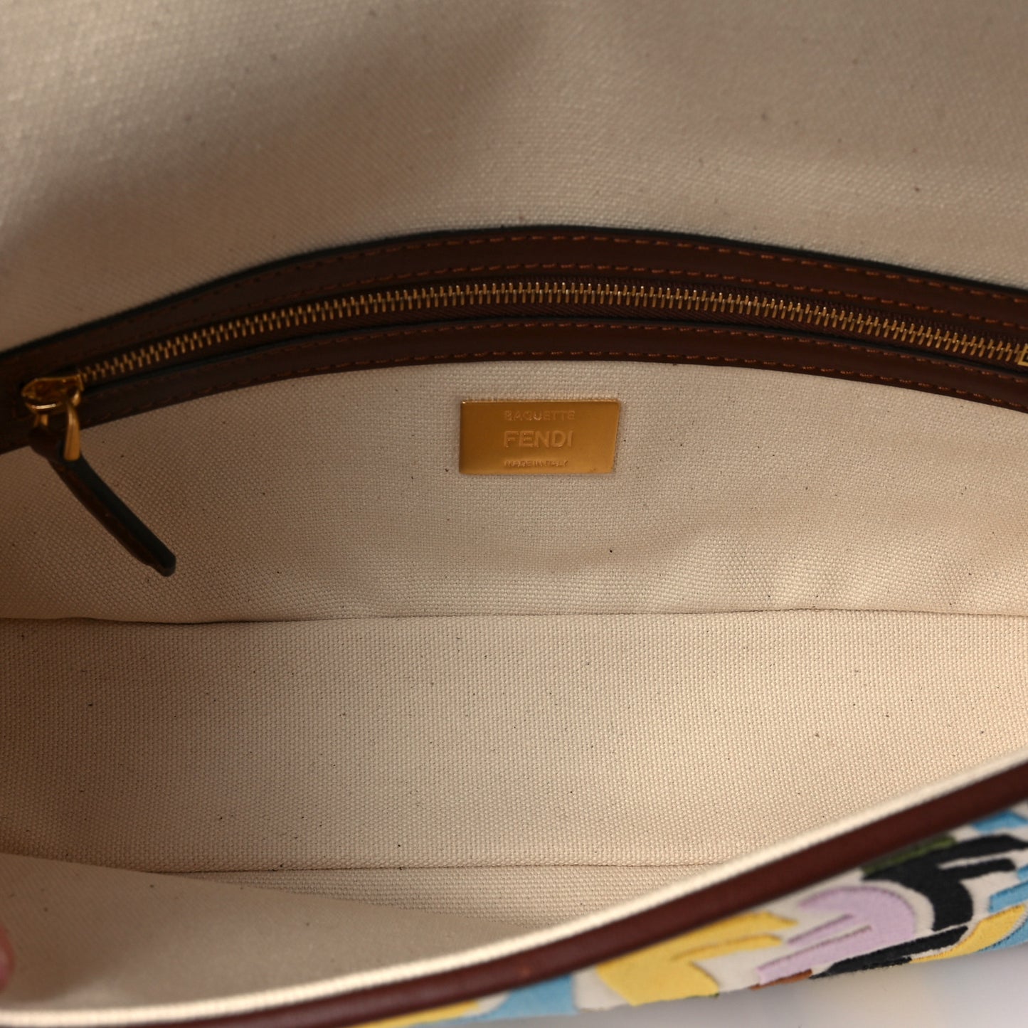 X SARA COLEMAN Canvas Vitello King Seta FF Fish Eye Embroidered Baguette Grezzo Multicolor Ghianda