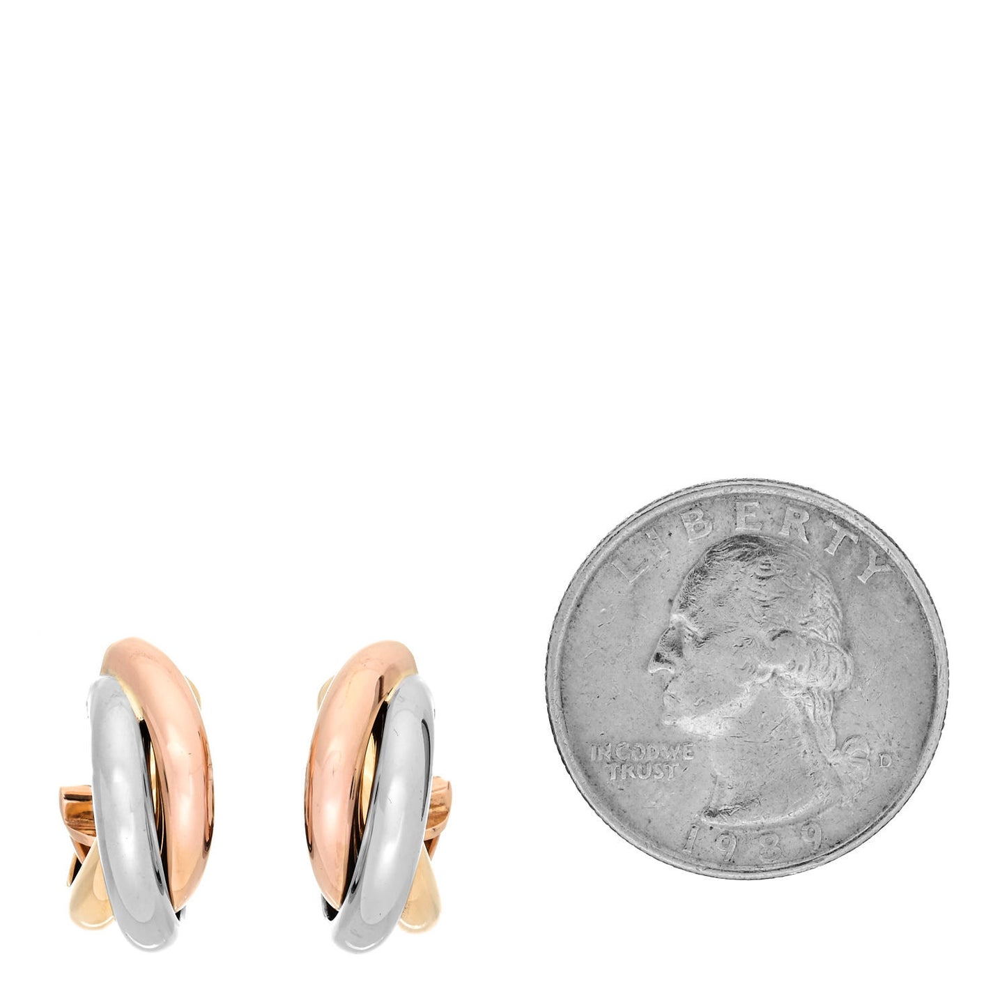 18K Pink Yellow White Gold 7.6mm Trinity Hoop Earrings