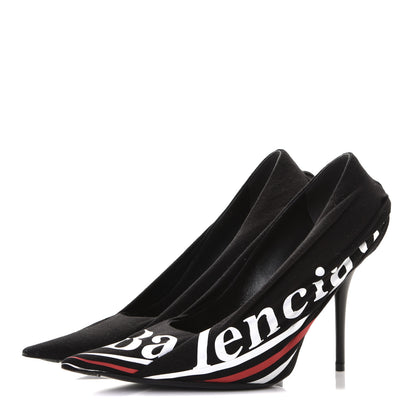 Balenciaga Jersey Crepe Political Campaign Logo Knife 115 Pointed Pumps 38 Black White Rouge 3 of 10