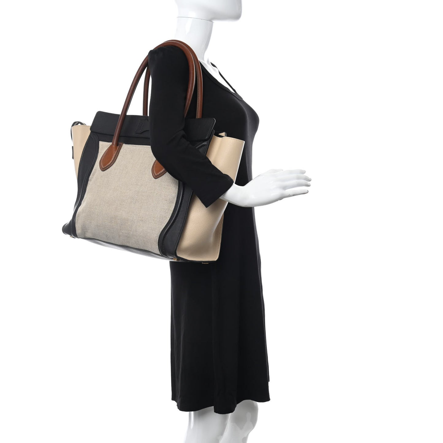 Calfskin Linen Tri-Color Shoulder Luggage Beige