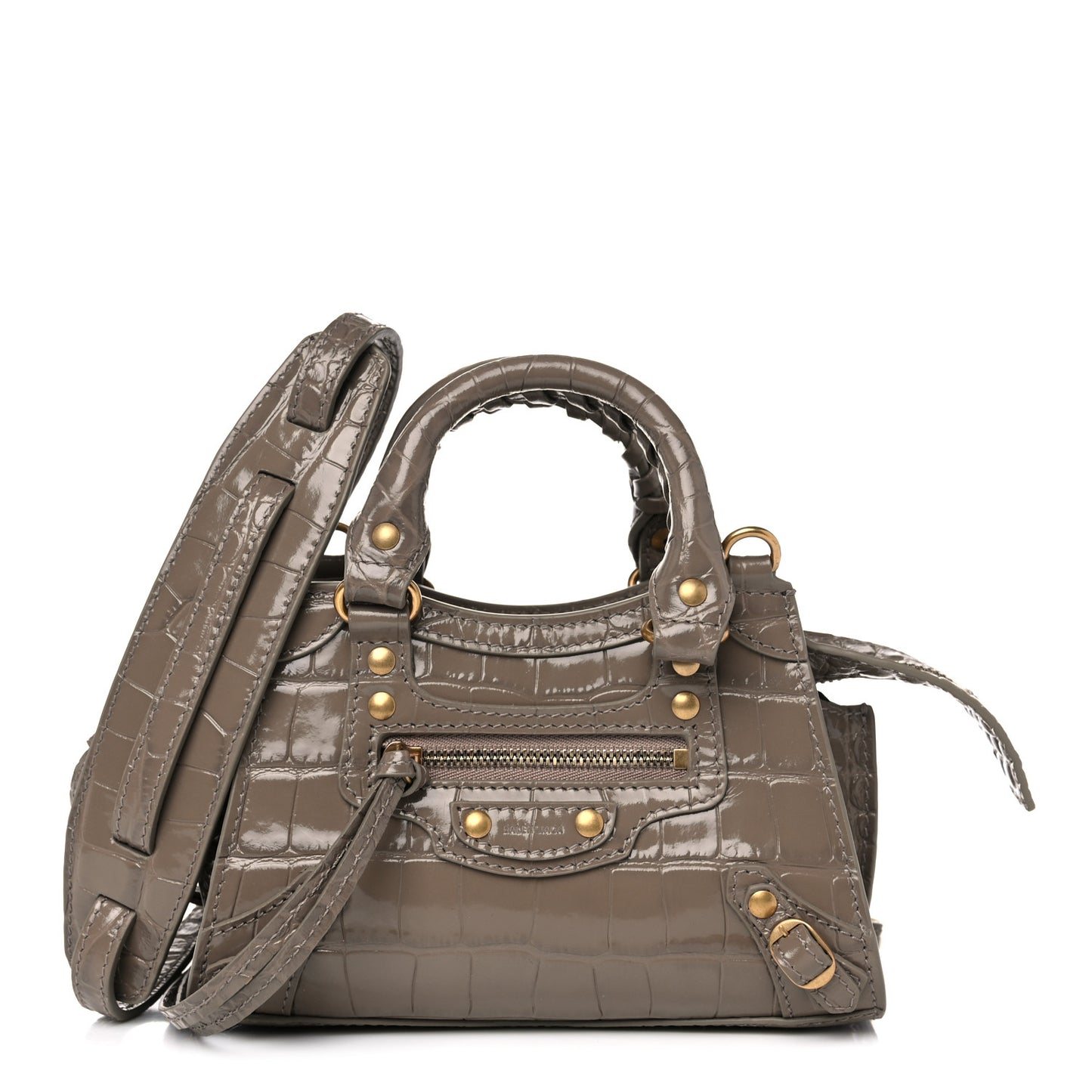 Shiny Supple Calfskin Crocodile Embossed Neo Classic Gold Hardware Nano City Crossbody Mink Grey