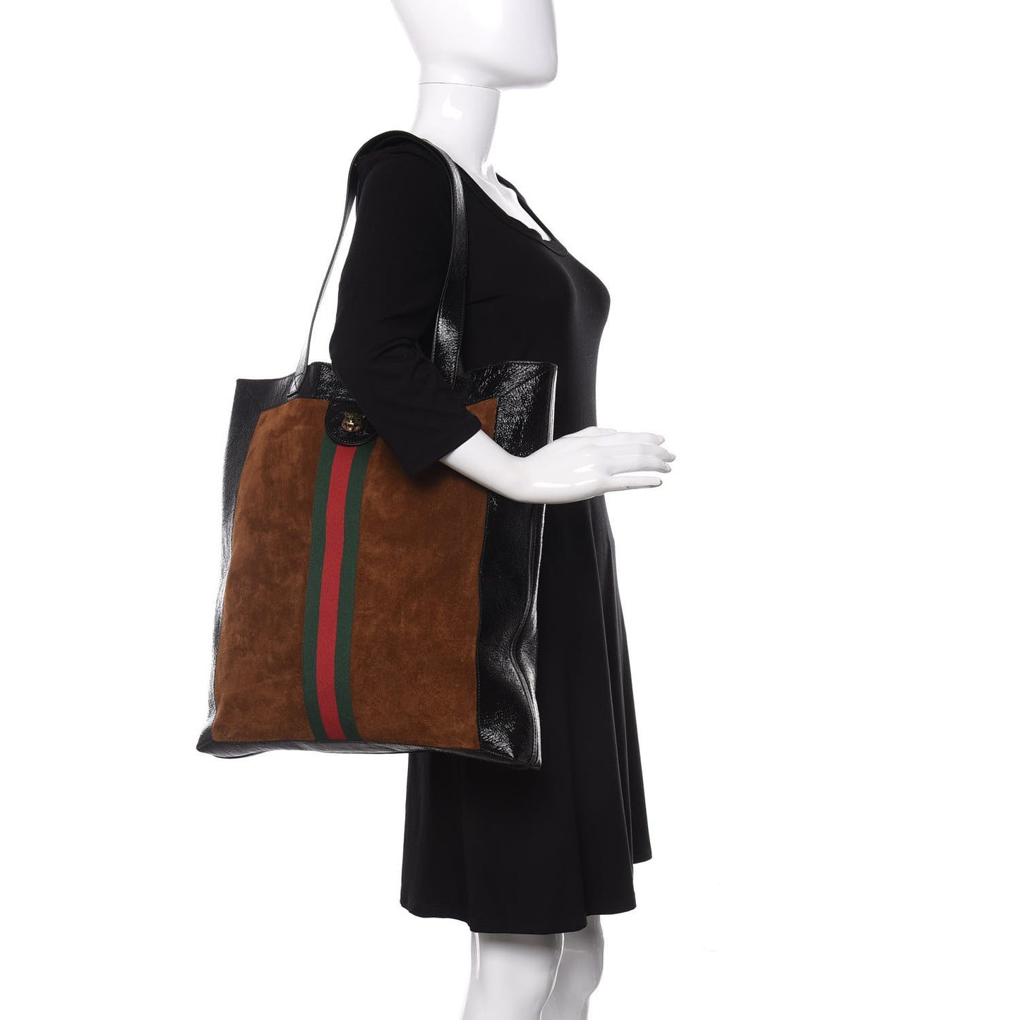 Suede Patent Web Large Ophidia Vertical Shopping Tote Nocciola Black