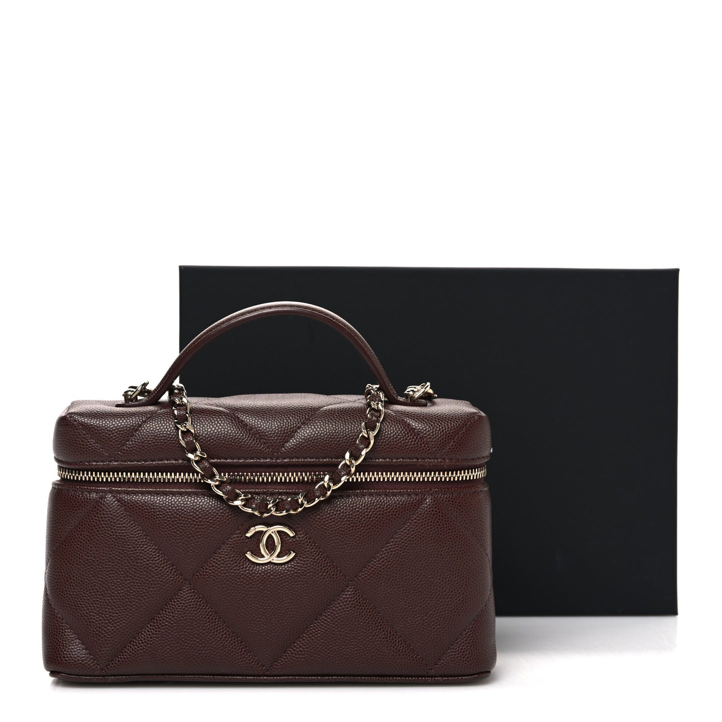 Caviar Quilted Top Handle Slim Vanity With Chain Dark Brown