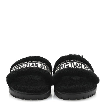 Christian Dior Shearling Canvas Lurex Embroidered Dway 10mm Slide Sandals 40 Black Natural 3 of 9