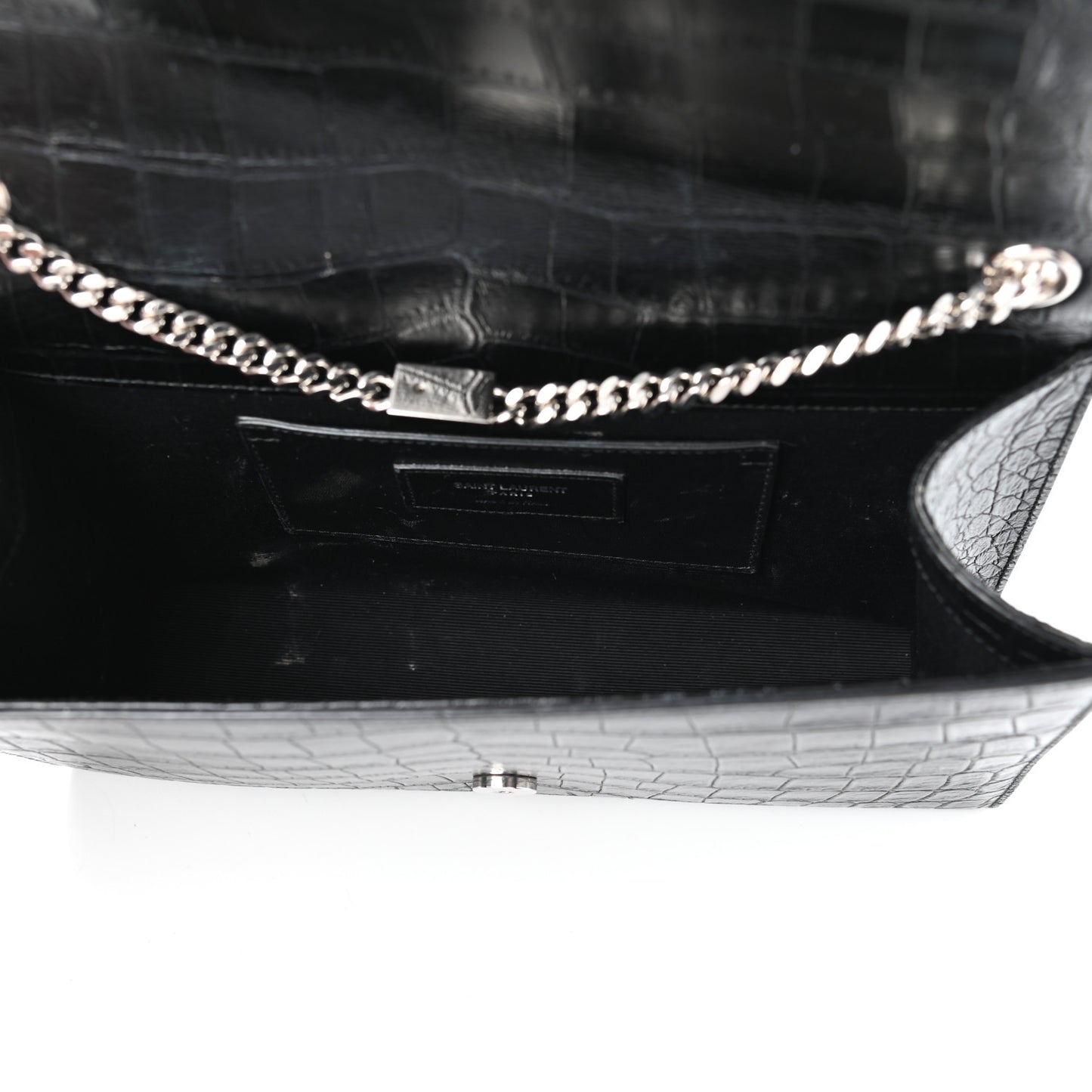 Calfskin Crocodile Embossed Medium Classic Monogram Kate Tassel Satchel Black