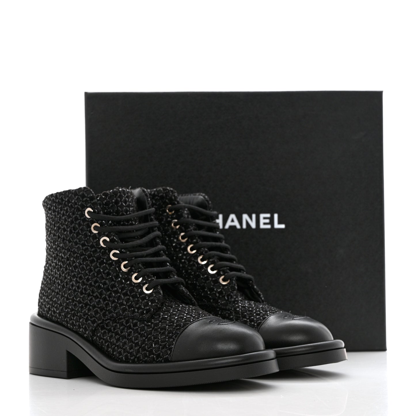 Tweed Lambskin Lace Up Combat Boots 38.5 Black Silver
