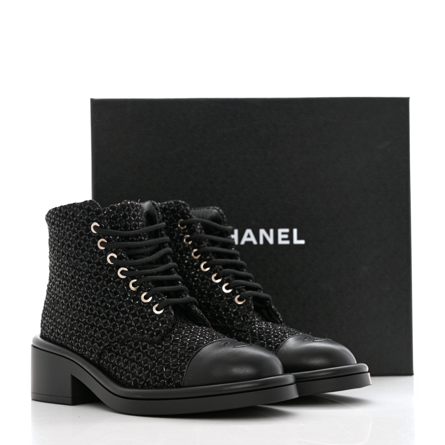 Chanel Tweed Lambskin Lace Up Combat Boots 38.5 Black Silver 9 of 9