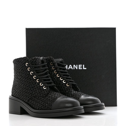 Chanel Tweed Lambskin Lace Up Combat Boots 38.5 Black Silver 9 of 9
