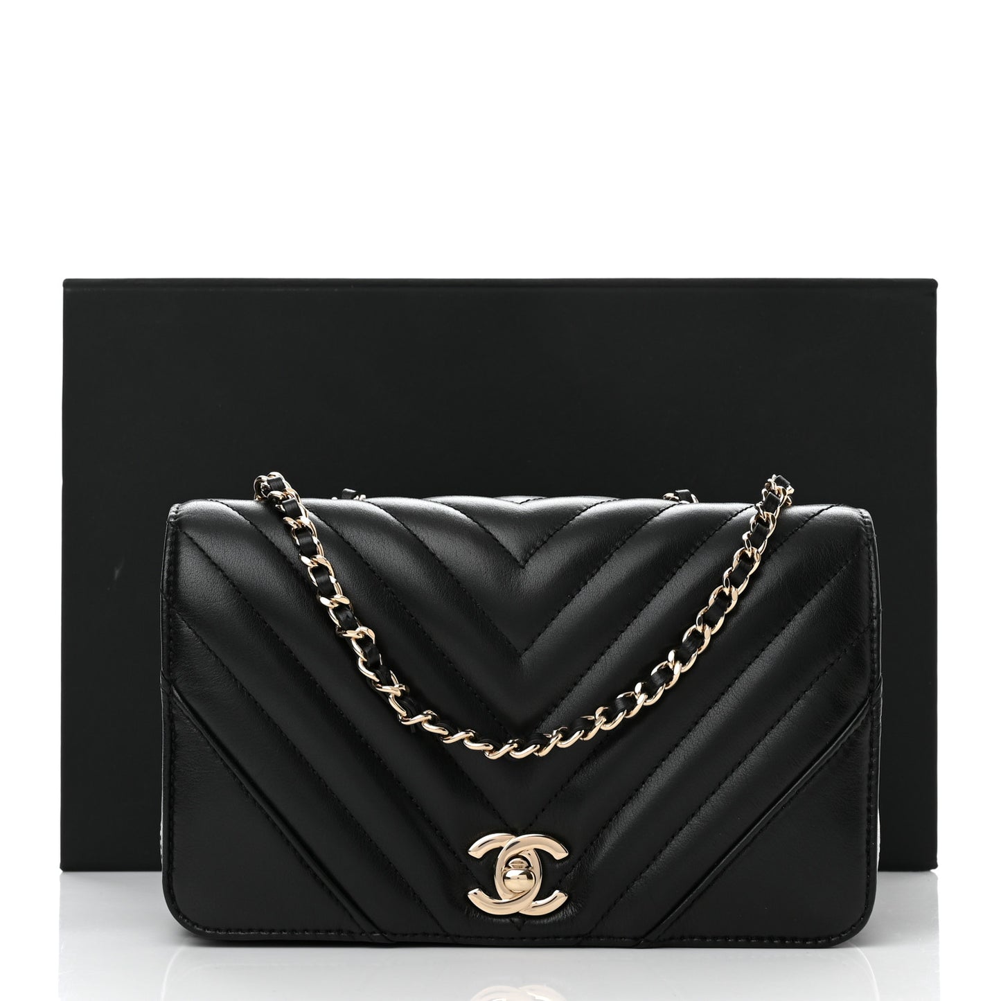Calfskin Chevron Quilted Mini Statement Flap Black