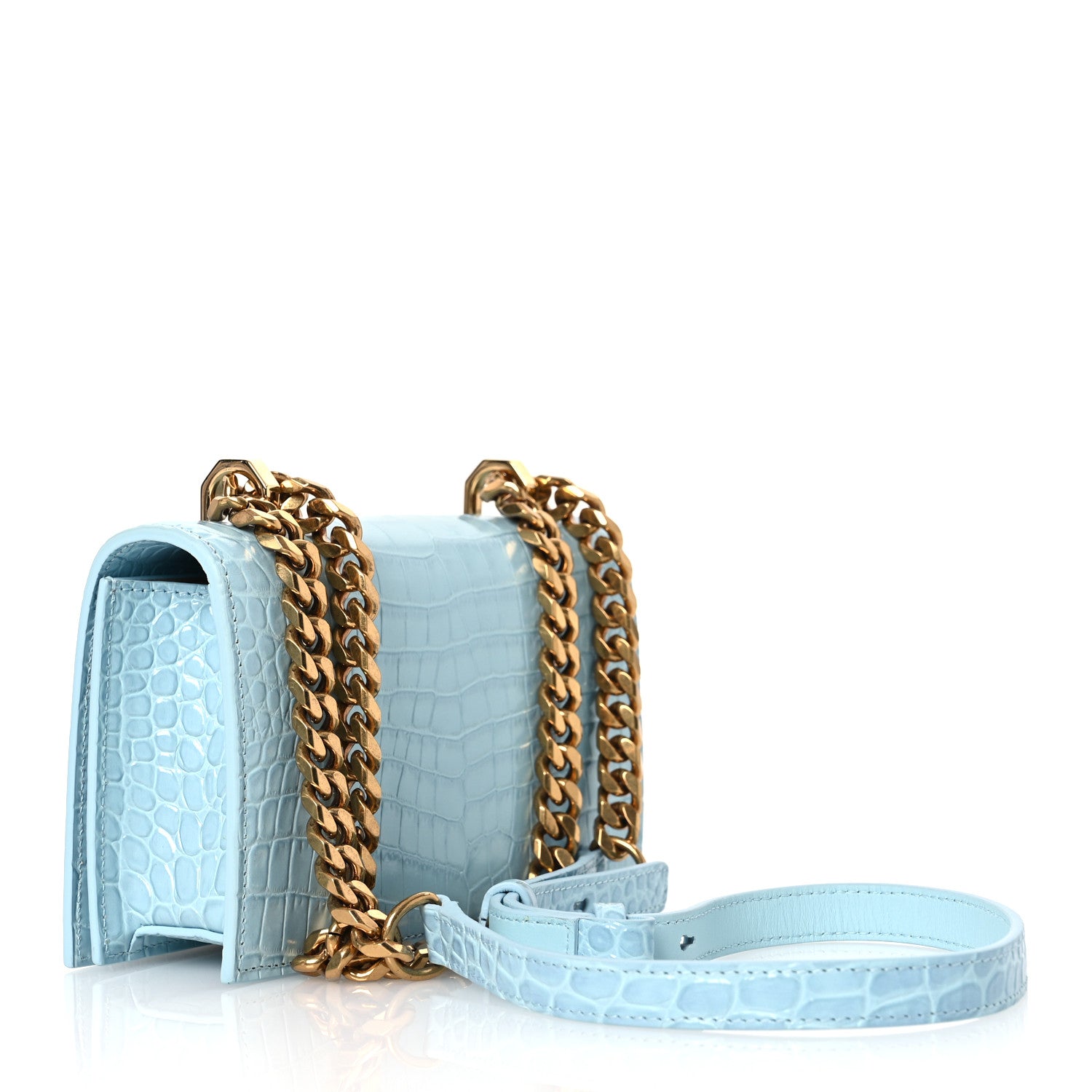 Alexander McQueen Calfskin Crocodile Embossed Knuckle Shoulder Bag Pale Blue 3 of 13