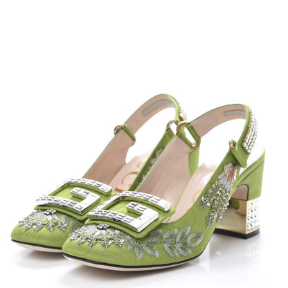 Gucci Moire Fabric Eyes Crystal Square G Madelyn Slingbacks 37.5 Lemon Leaf 3 of 10