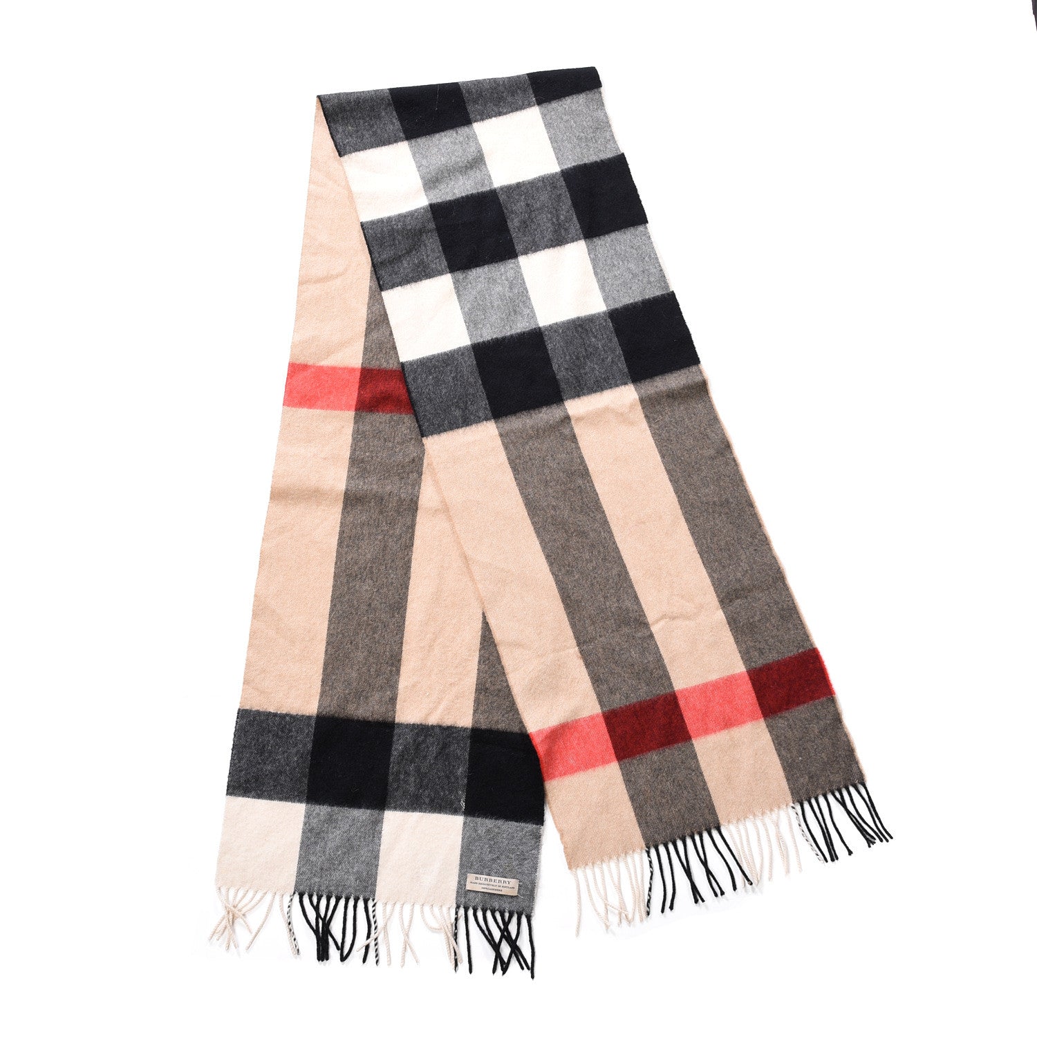 Burberry Wool Cashmere Giant Exploded Check Fringe Scarf Beige 2 of 4