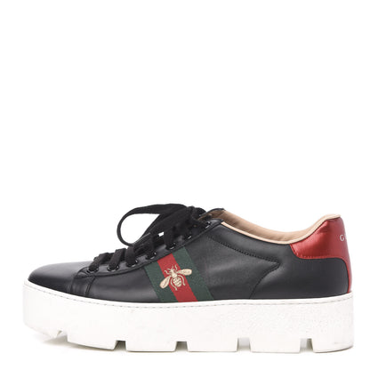 Gucci Calfskin Web Bee Embroidered Womens Ace Platform Sneakers 40.5 Black 1 of 10