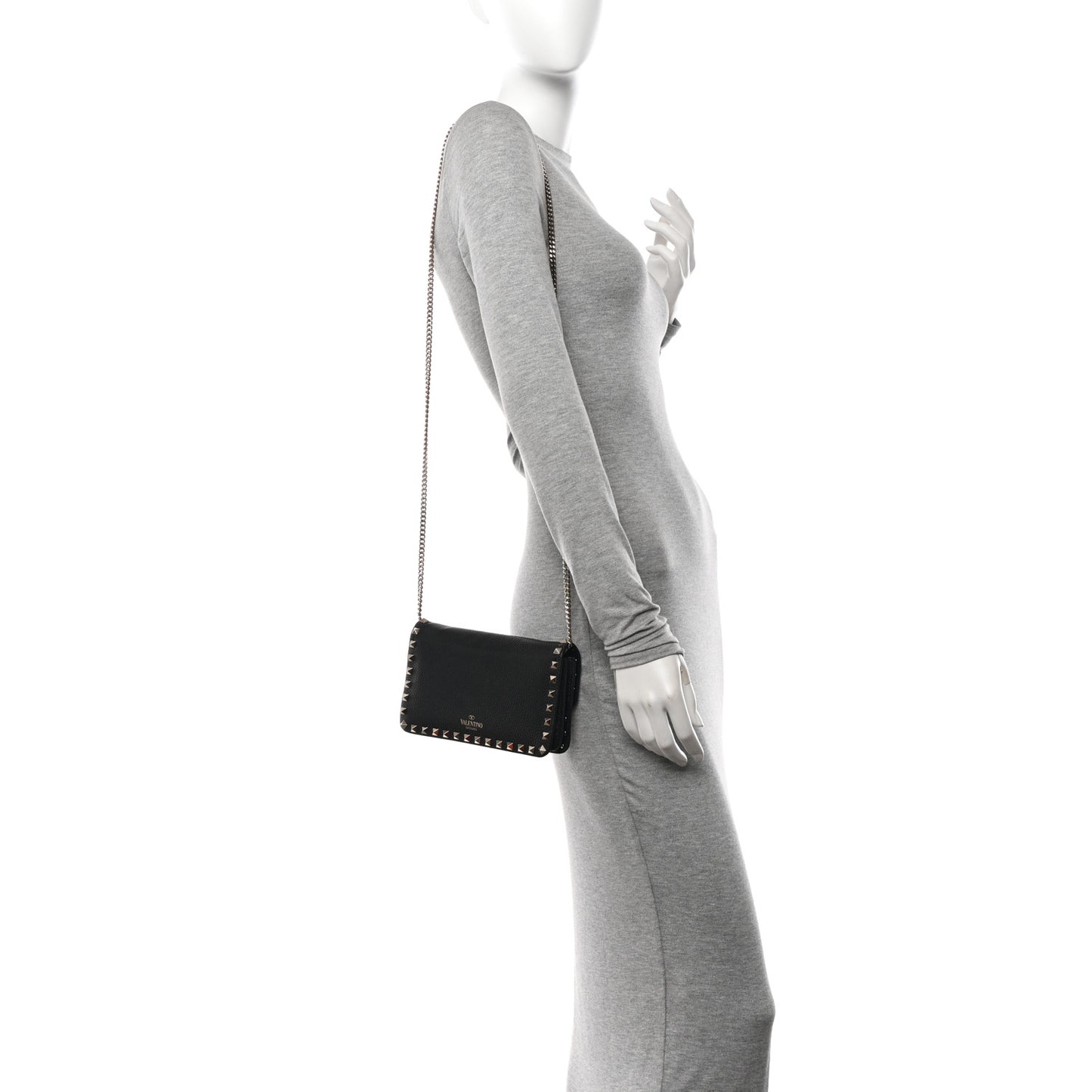 Pebbled Calfskin Rockstud Flap Wallet On Chain Black
