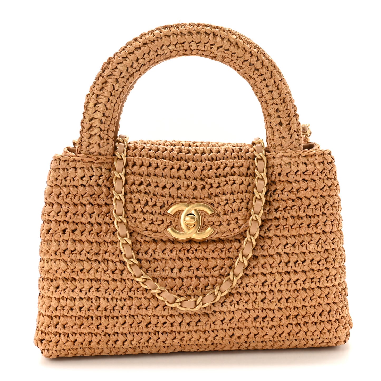 Braided Raffia Nano Kelly Flap Bag Dark Beige