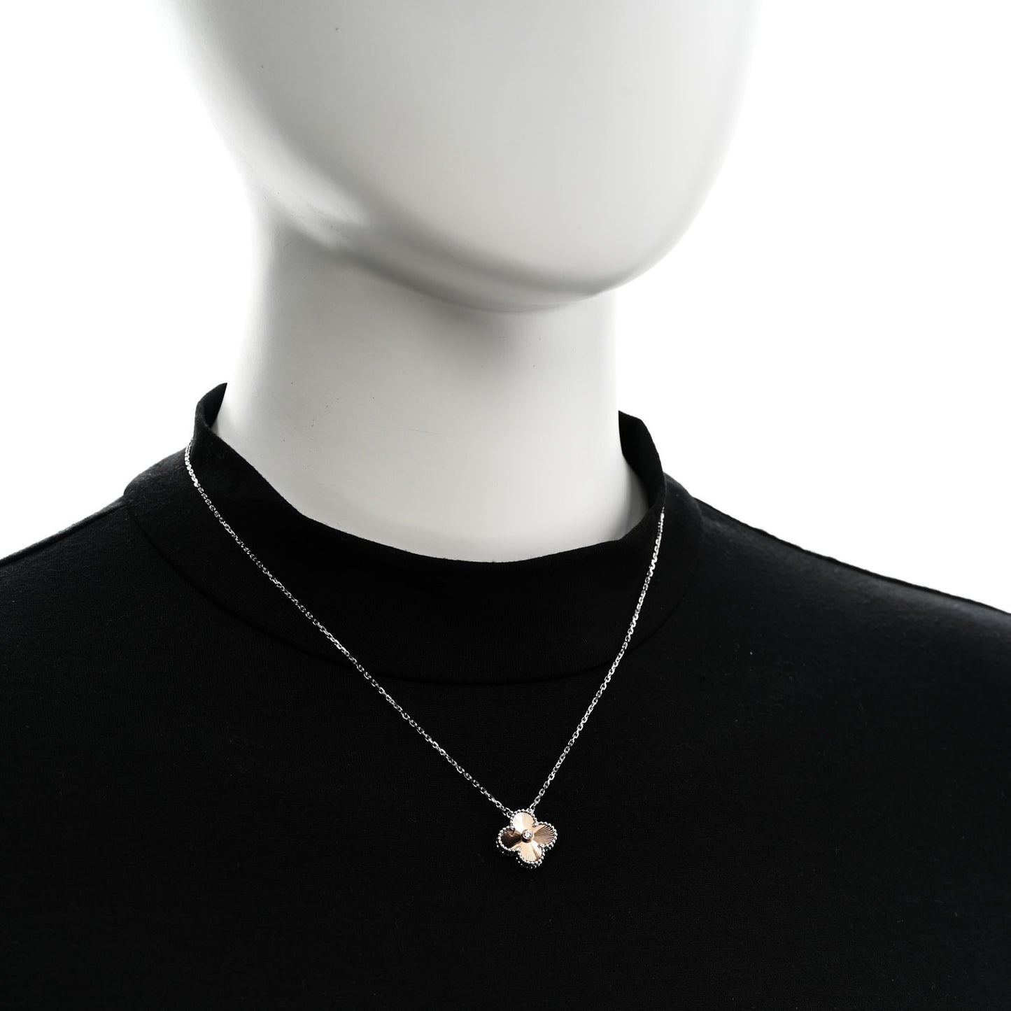 18K White Rose Gold Diamond Guilloche Vintage Alhambra Pendant Necklace