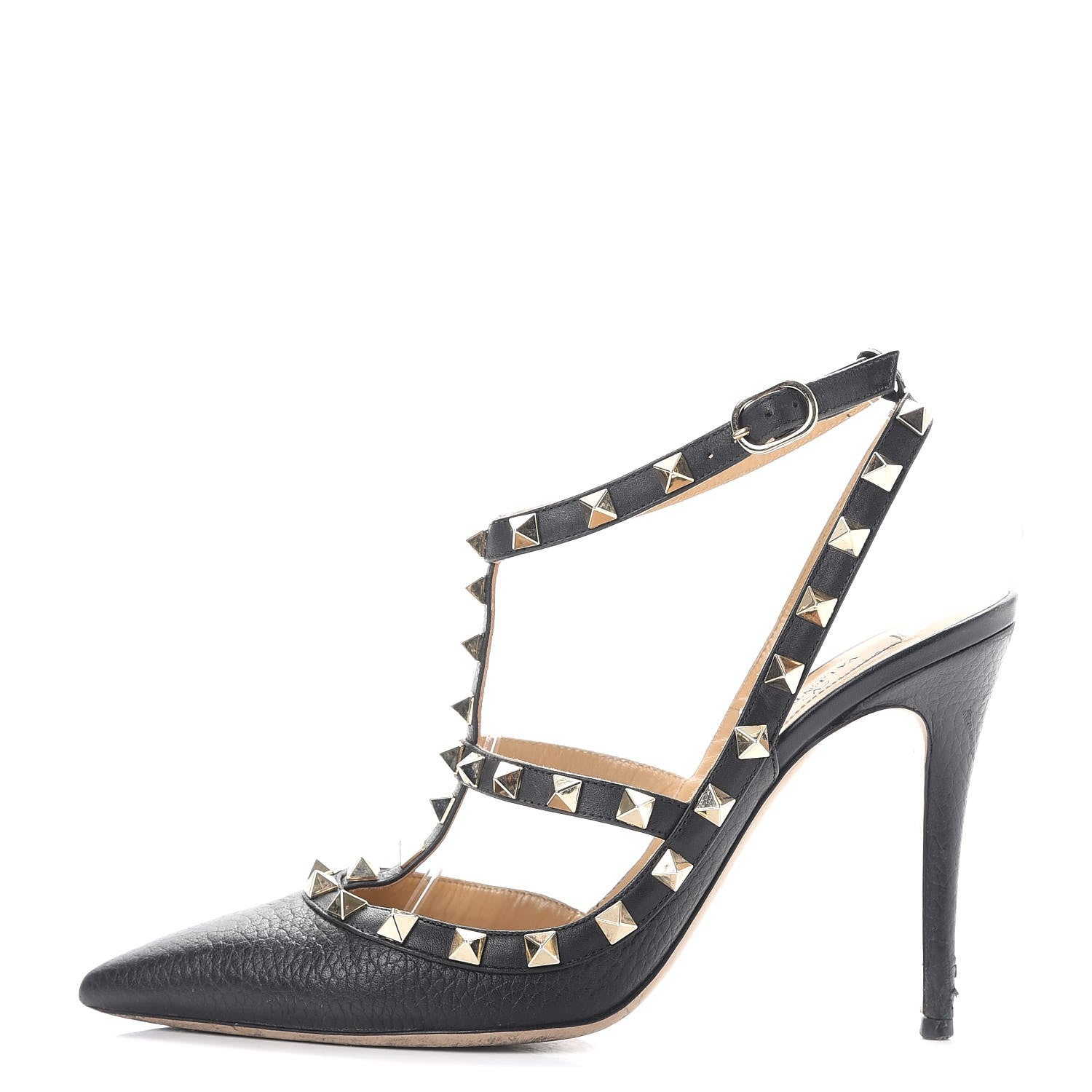 Valentino Garavani Pebbled Calfskin Rockstud Ankle Strap Pumps 38 Black 1 of 16
