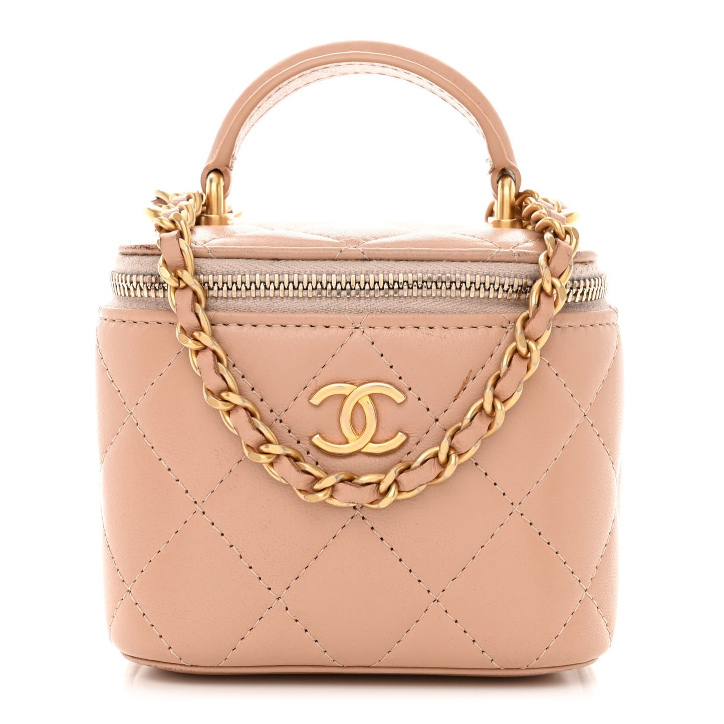 Lambskin Quilted Top Handle Mini Vanity Case With Chain Beige