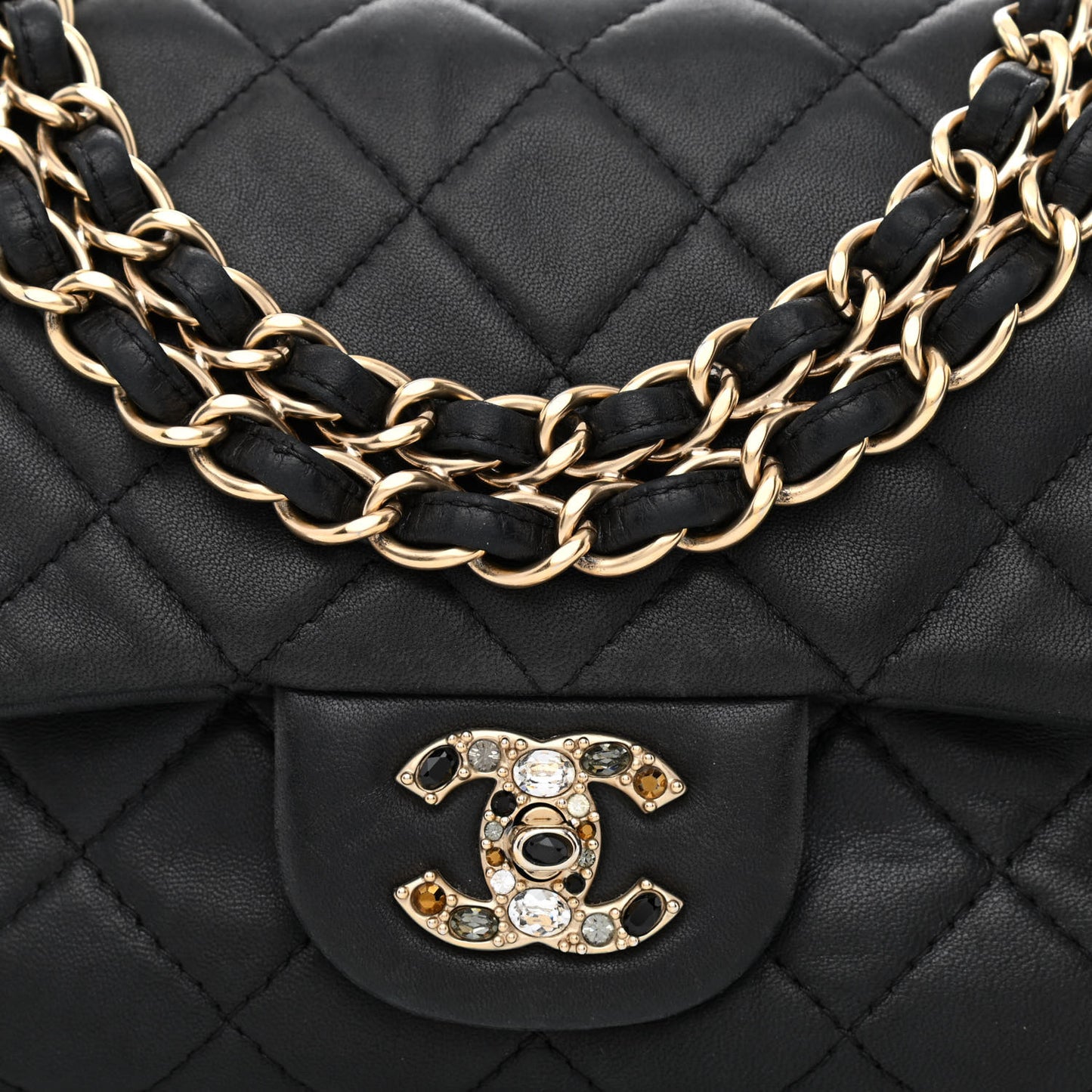 Lambskin Quilted Medium Precious Jewel Single Flap Black