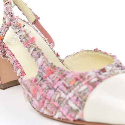 Chanel Tweed Lambskin Cap Toe CC Slingback Pumps 38 Pink White 15 of 16