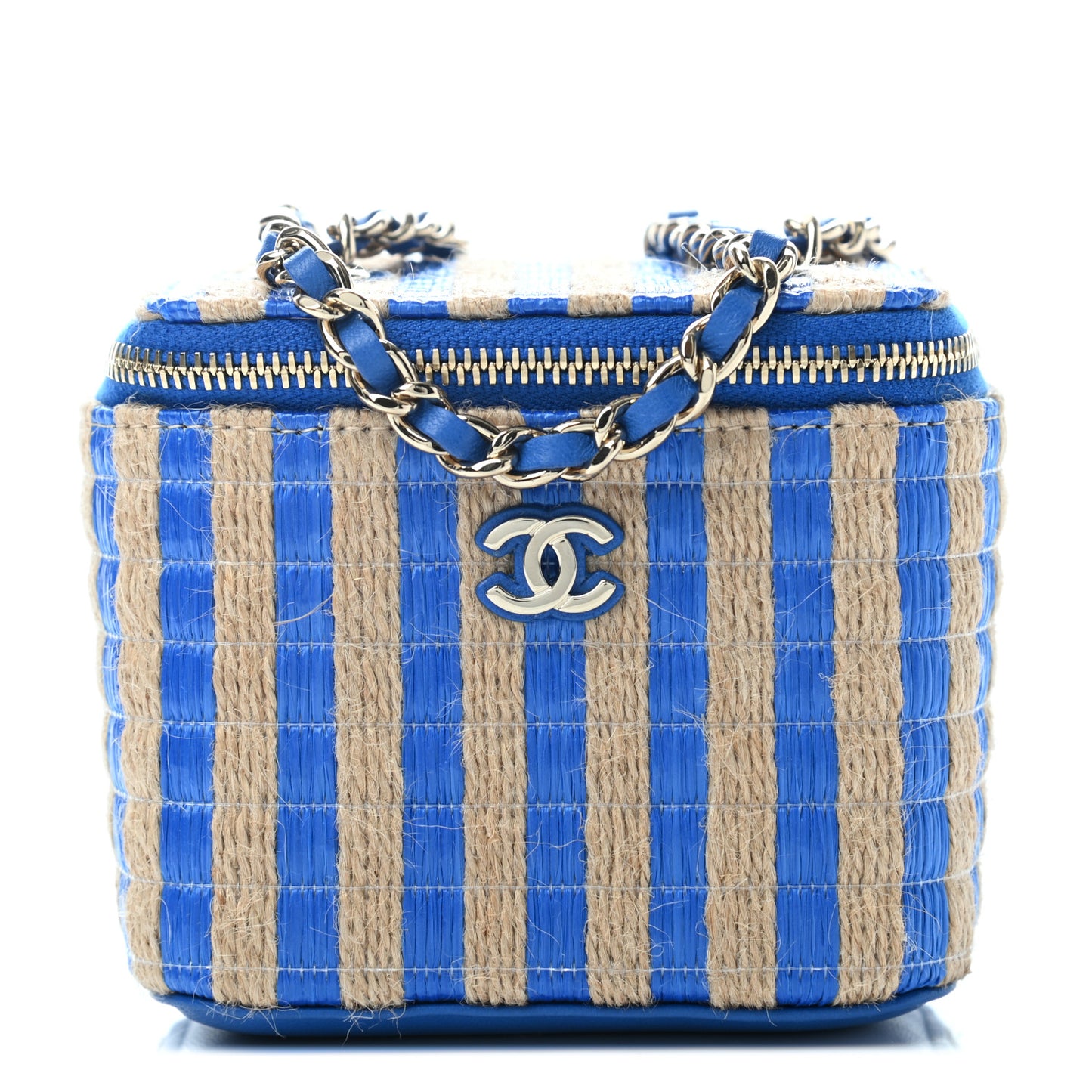 Raffia Jute Striped Mini Vanity Case With Chain Blue Beige
