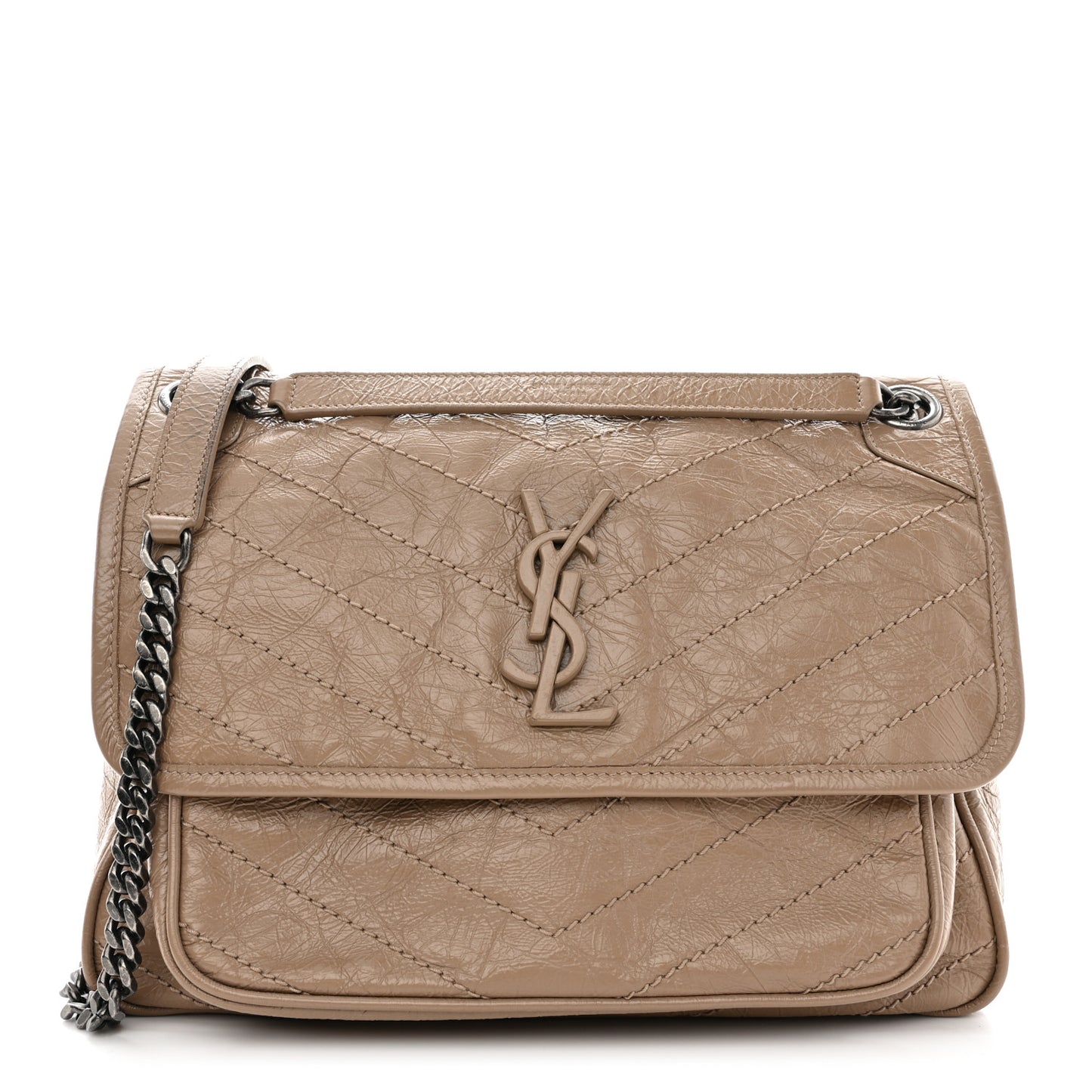 Crinkled Calfskin Matelasse Monogram Medium Niki Chain Satchel Light Natural