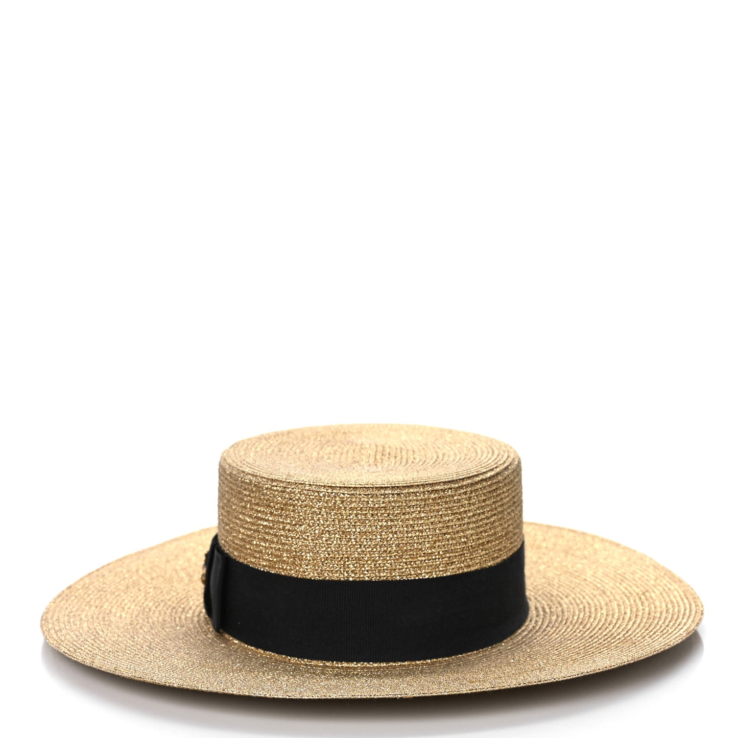 Glittered Straw Grosgrain Wide Brim Hat M Gold Black