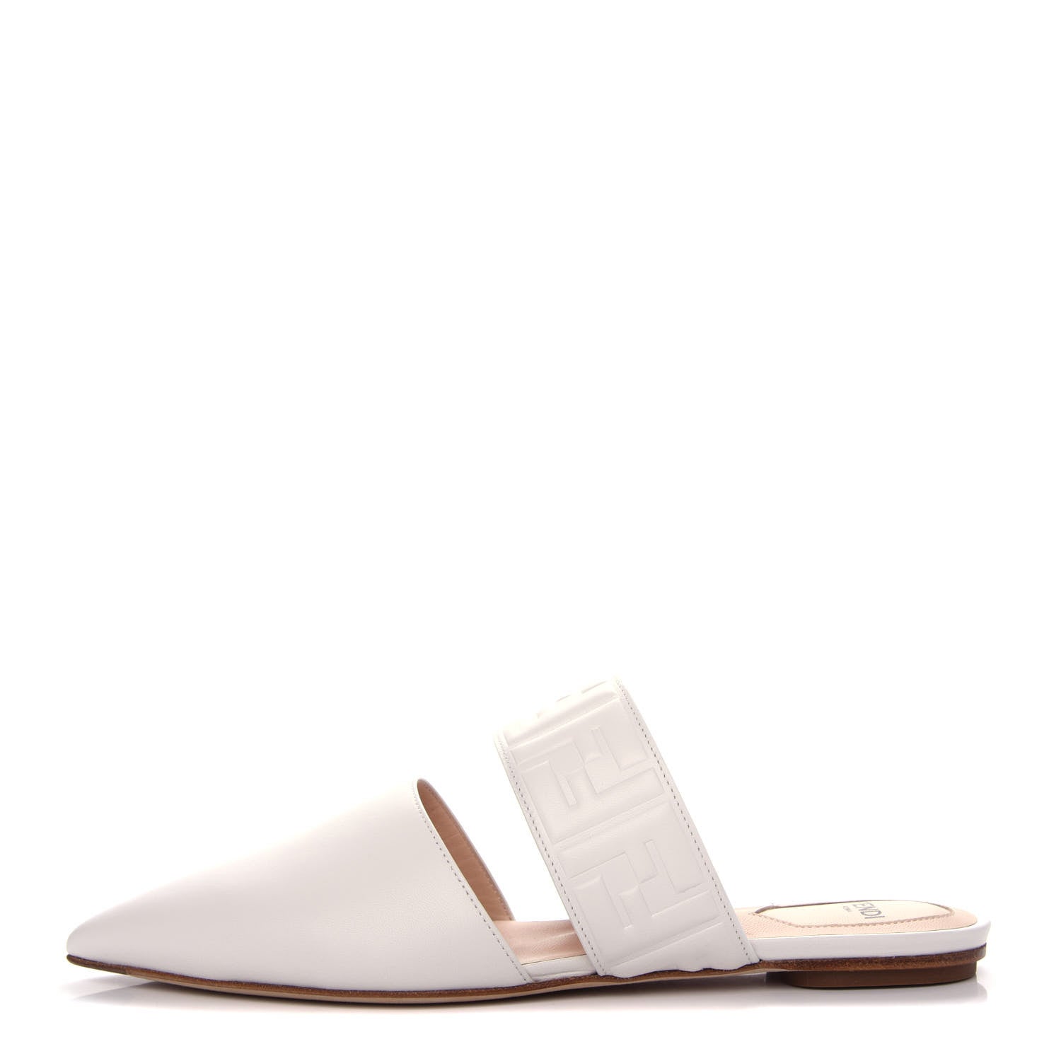 Fendi Vitello FF Embossed Buckle Flat Mules 38.5 Snow 1 of 9