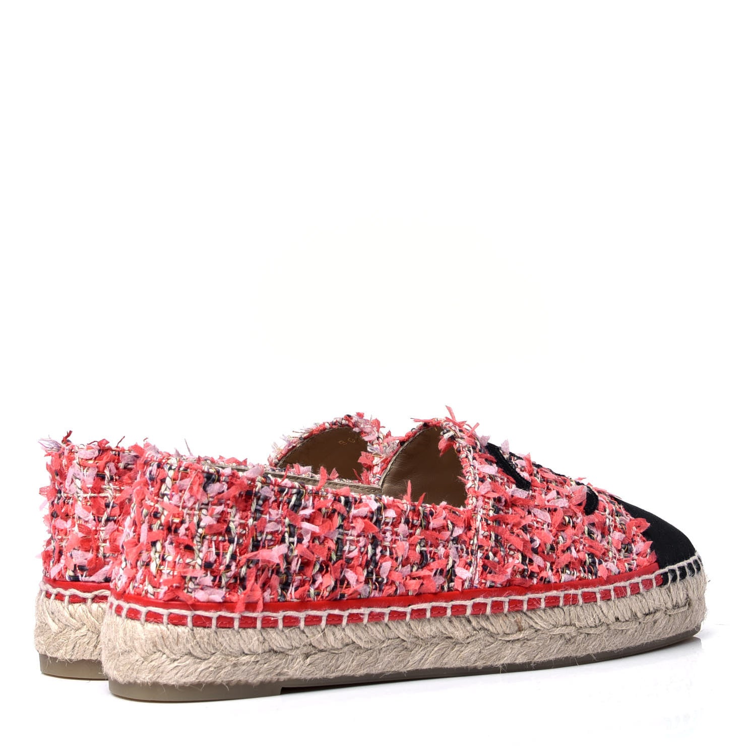 Chanel Tweed Grosgrain CC Espadrilles 37 Coral Red Pink Black 3 of 6